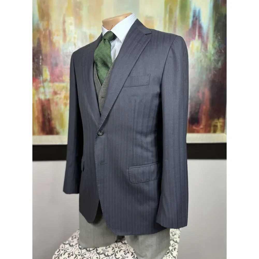 SARTORIO NAPOLI by KITON Italy 40R Blue Herringbone Stripe Wool Blazer 50IT Slim